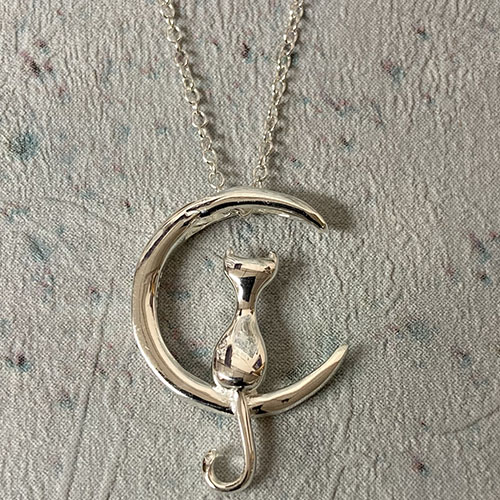 Sterling silver cat on the moon pendant on a silver chain - AhDors